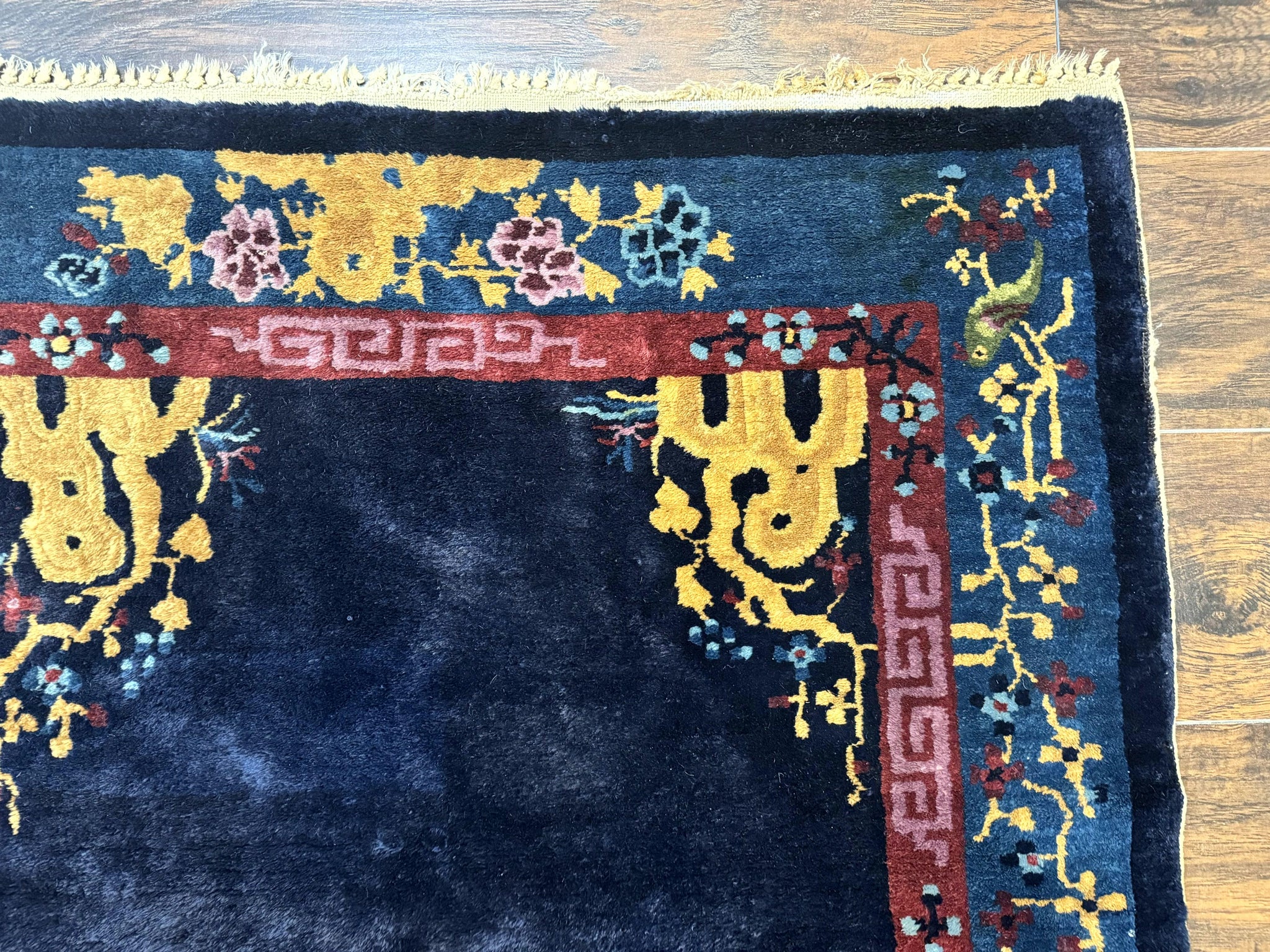 Antique Chinese Peking Rug 3x6, Dark Blue, Bird Motif, Handmade Wool Art Deco Asian Oriental Carpet, Pair B by Jewel Rugs