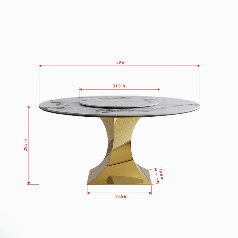 Luxury Round 59" Sintered Stone Dining Table With Stainless Steel Hourglass Base, Scratch & Heat Resistant Surface - Golden / White by Unique Piece Furniture