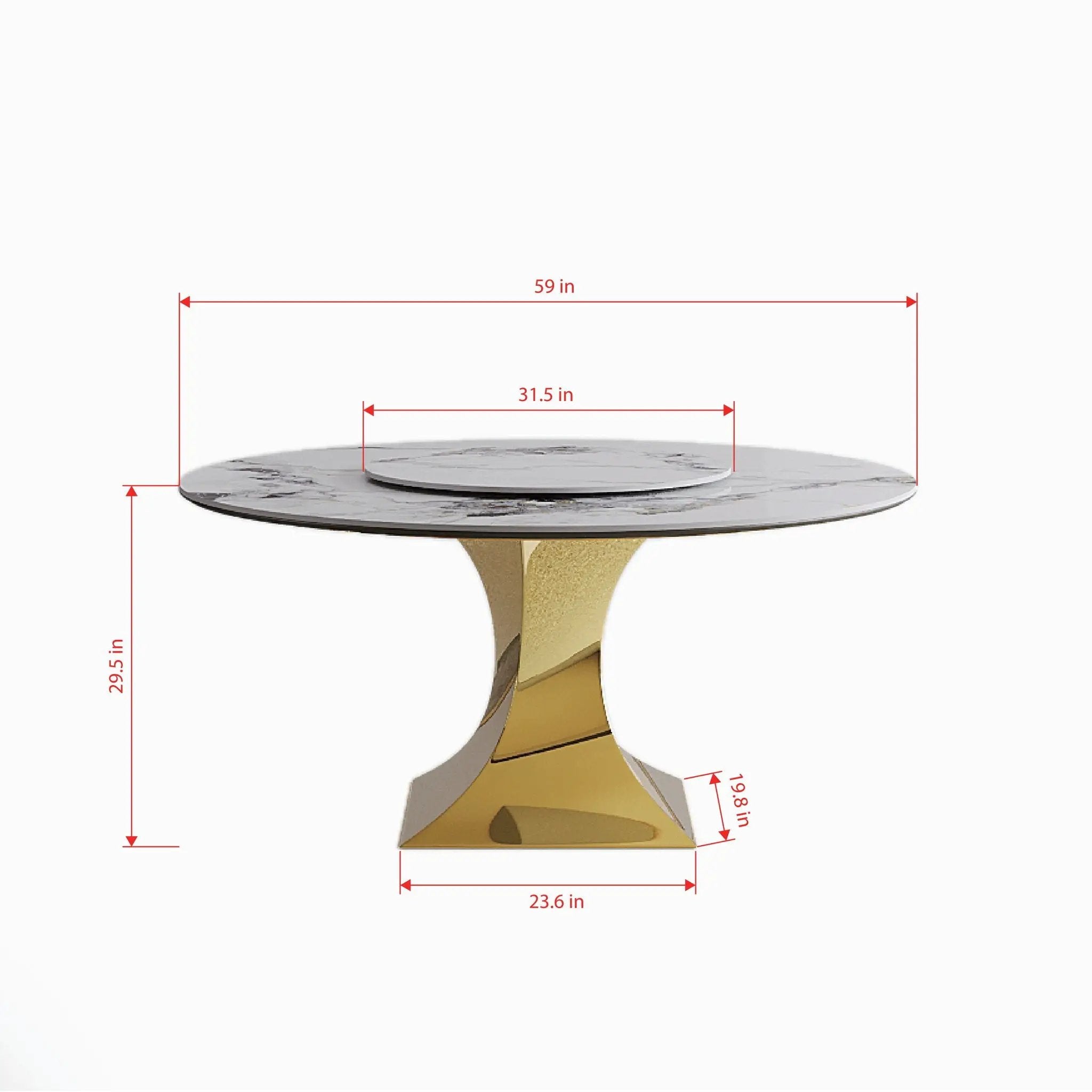 Luxury Round 59" Sintered Stone Dining Table With Stainless Steel Hourglass Base, Scratch & Heat Resistant Surface - Golden / White by HouseOfZazla