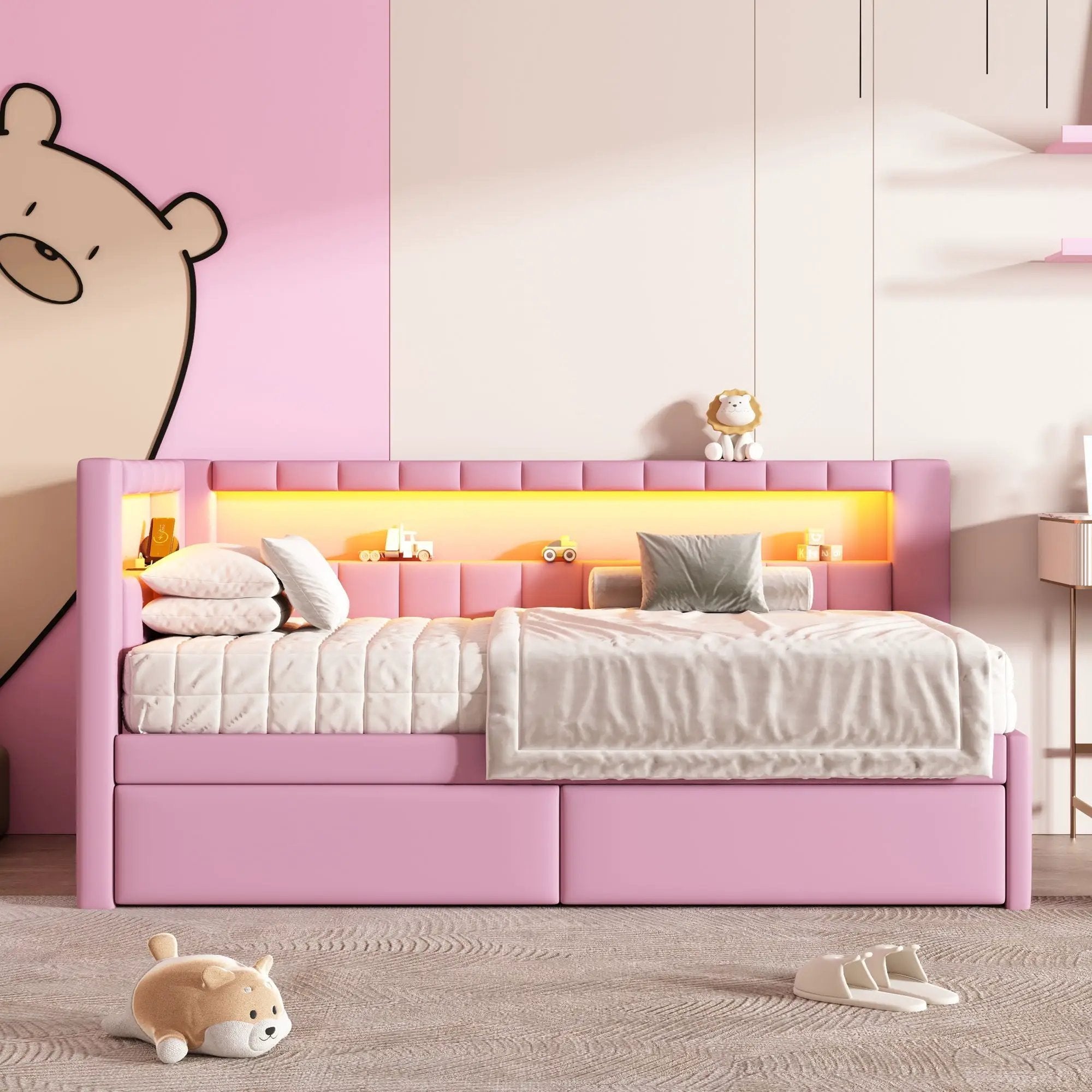Upholstered Platform Bed With USB Ports And LED Belt