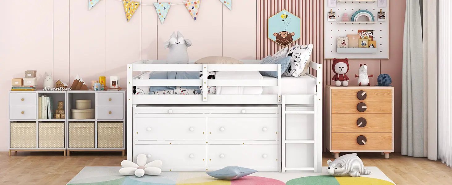 Loft Bed With Retractable Writing Desk And 4 Drawers, With Lateral Portable Desk And Shelves by HouseOfZazla