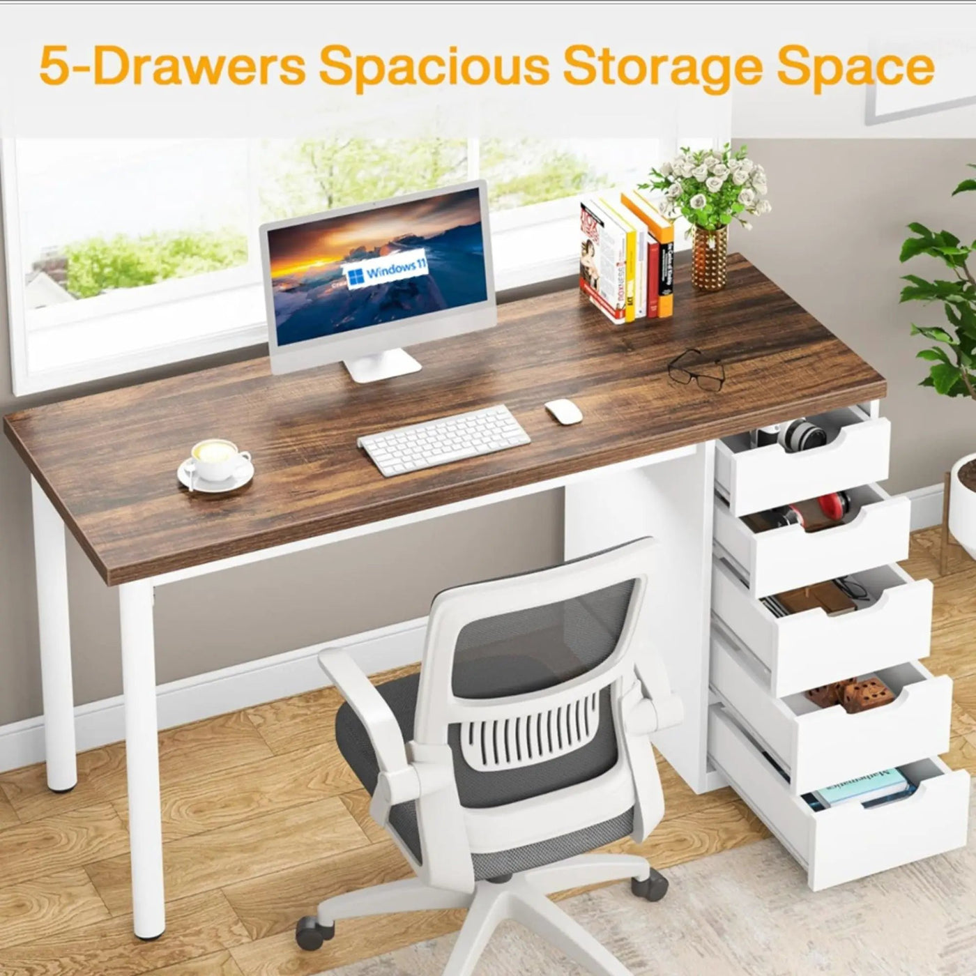 Computer Desk With 5 Drawers, Reversible Cabinet Design by HouseOfZazla