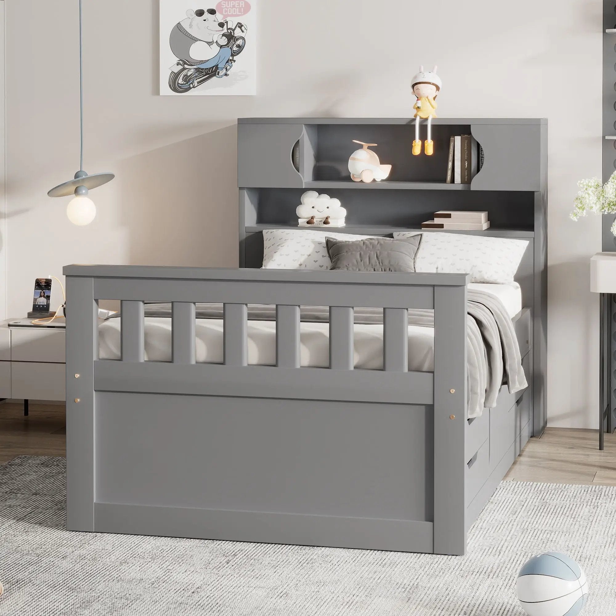 Captain Platform Bed Frame With Storage Bookcases, Shelves, And 4 Drawers by Unique Piece Furniture