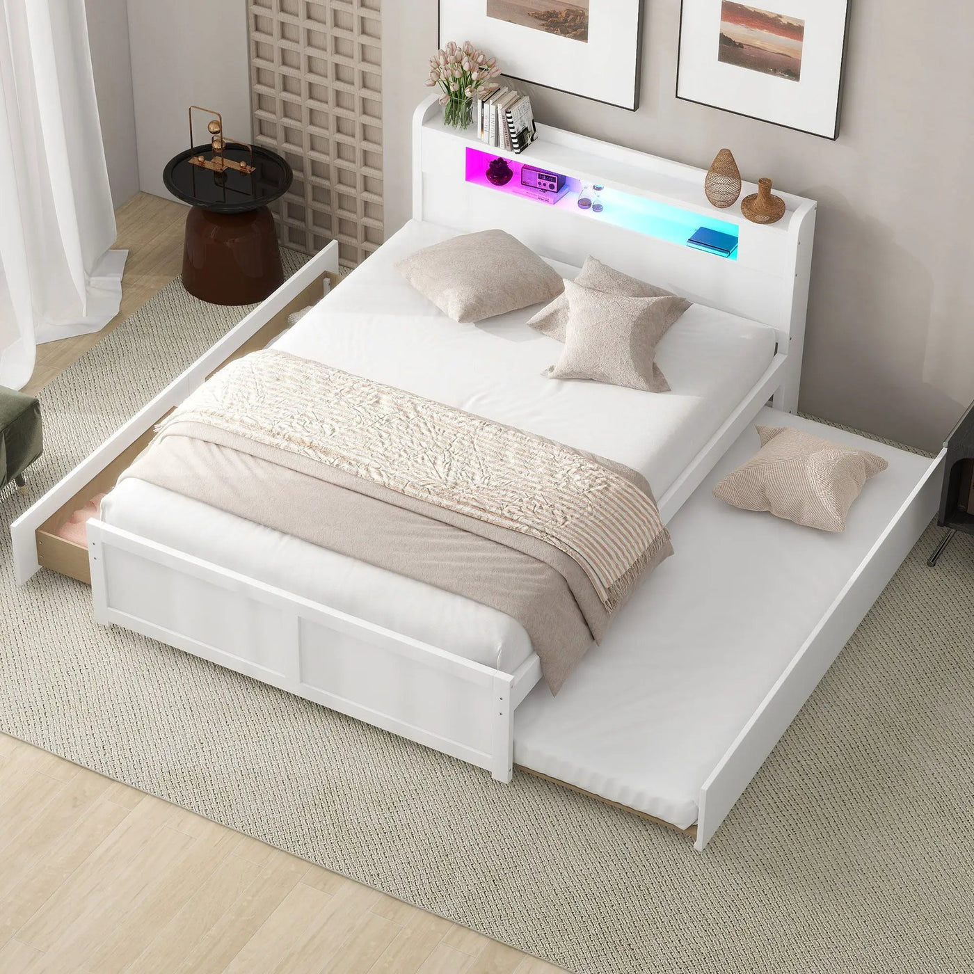 Storage Platform Bed With LED Lights, 2 Drawers And Trundle by HouseOfZazla