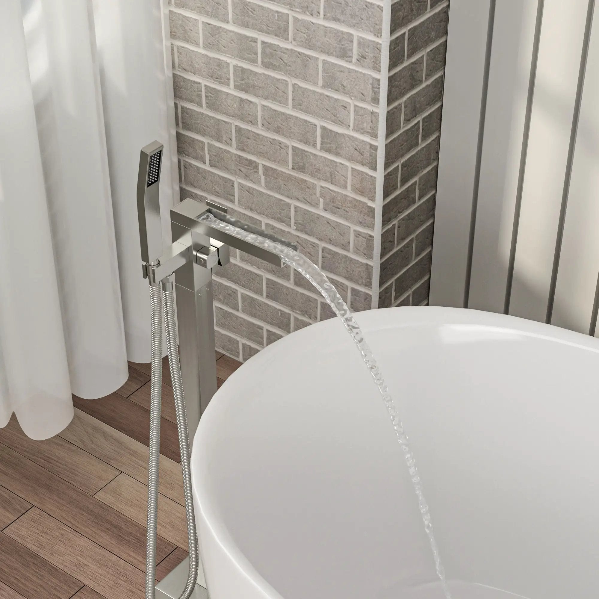 Freestanding Bathtub Faucet Waterfall Tub Filler Floor Mount Solid Brass With Hand Shower - Brushed Nickel by HouseOfZazla