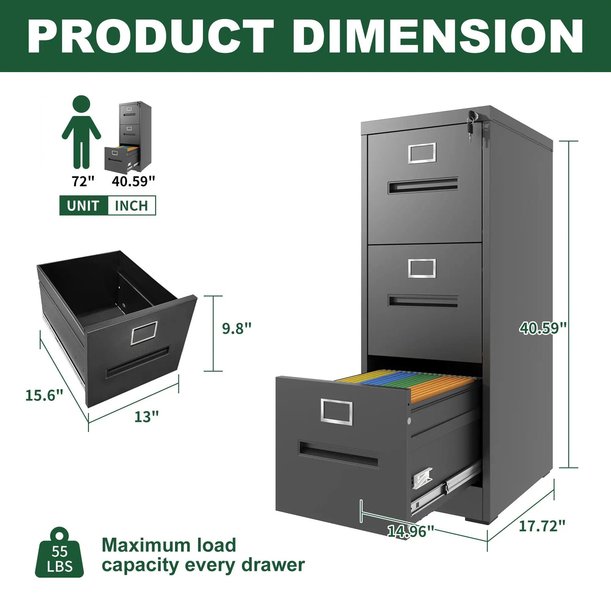 Premium Drawer File Cabinet With Lock, Metal Vertical Design, A4 Legal / Letter Size by Unique Piece Furniture