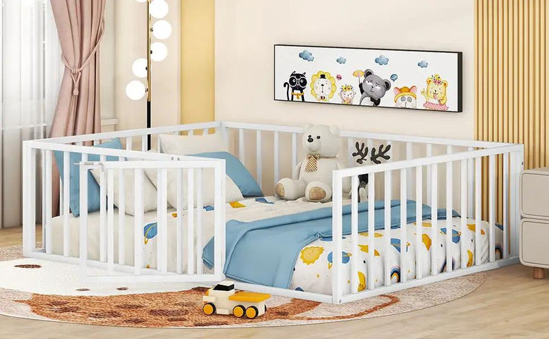 Metal Floor Bed Frame With Fence And Door by HouseOfZazla