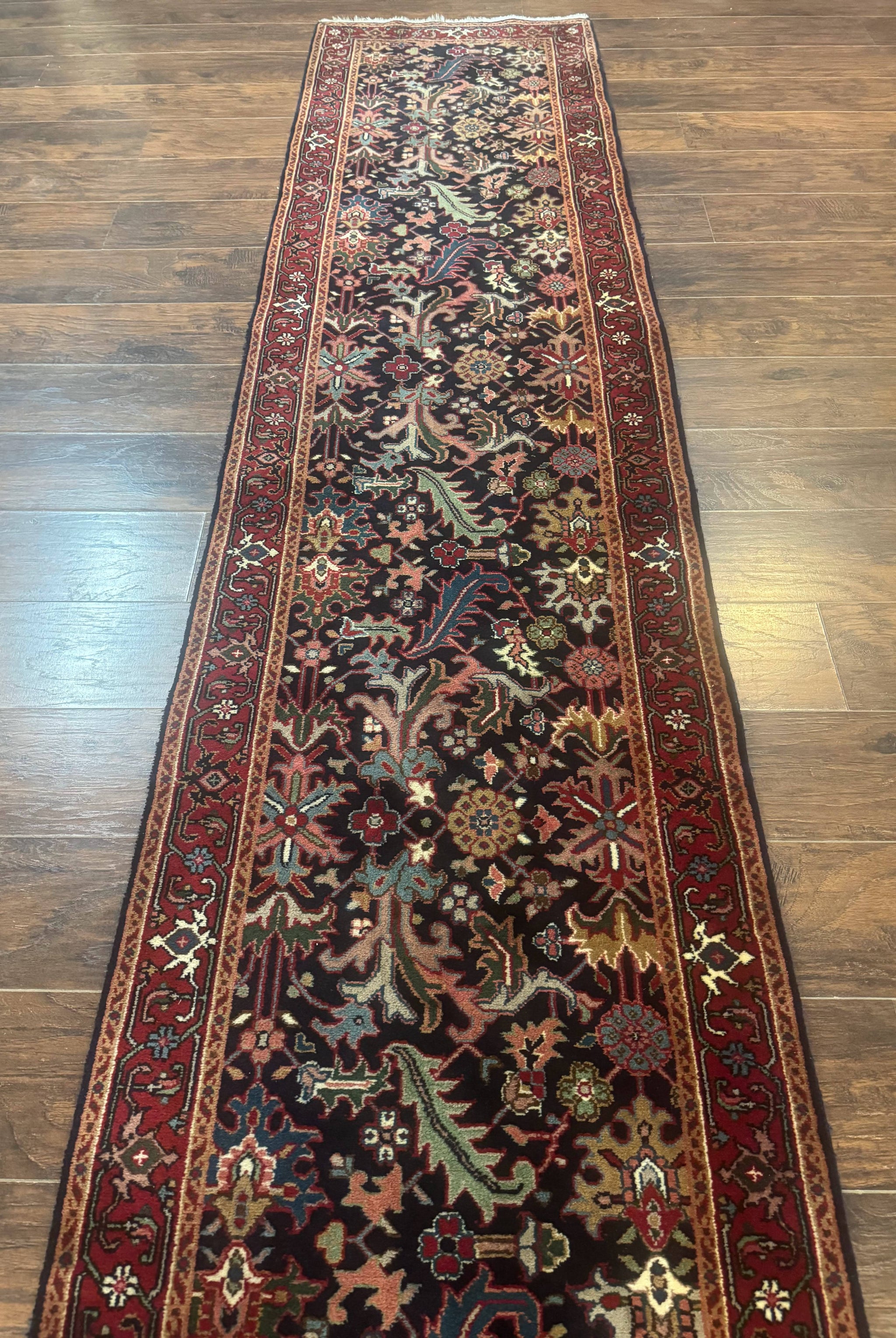 Indo Persian Runner Rug 2.7 x 13, Navy Blue and Red, Allover Floral, Wool, 13ft Runner by Jewel Rugs