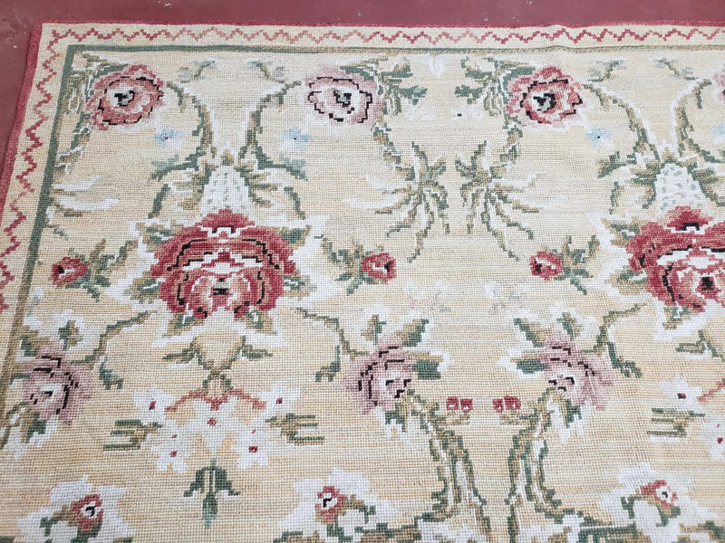 Needlepoint Rug 10x14 Wool Flatweave Carpet, English Floral Pattern, Pale Yellow, Roses, Allover Pattern, Handmade Large Needlepoint Nice by Jewel Rugs