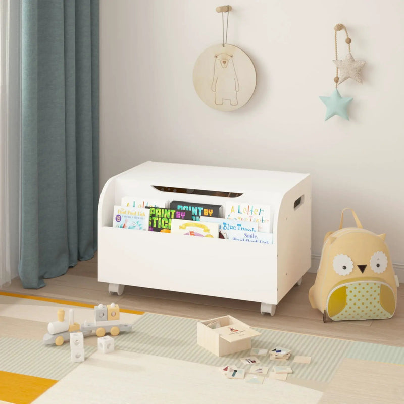 Toy Box With 4 Universal Wheels, Kids Playroom Storage Organizer With Front Bookshelf, Flip Top Lid, Safety Hinge - White by HouseOfZazla