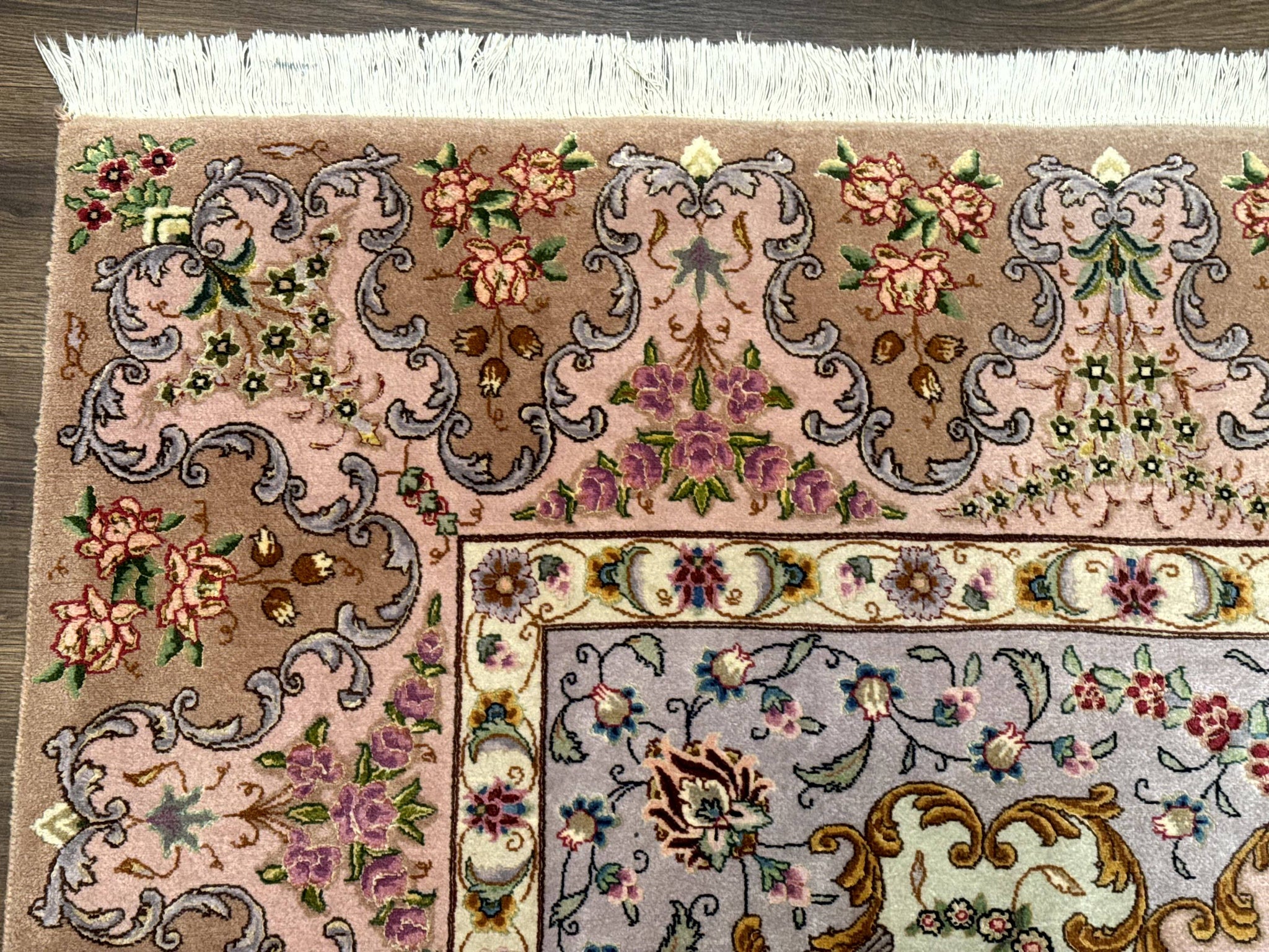 Wonderful Persian Tabriz Rug 7x10, Very Fine 330 KPSI, Light Green Light Blue Pink, Kork Wool Silk Foundation, Bird Pictorials by Jewel Rugs