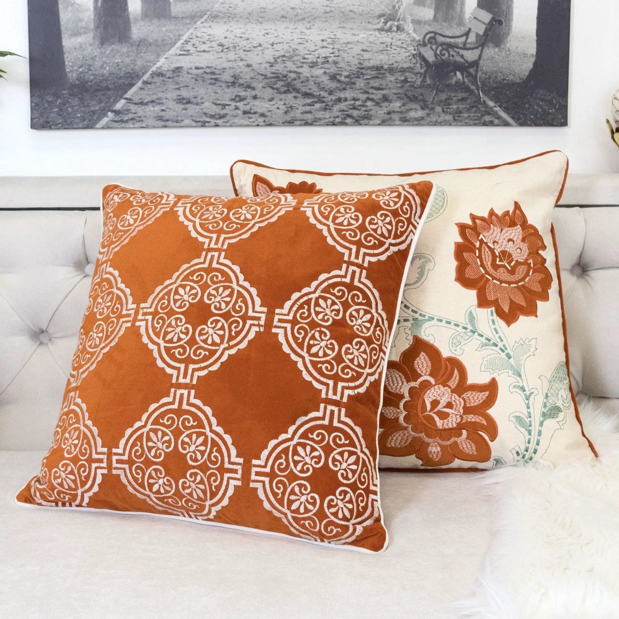 Burnt Orange Damask Embroidered Throw Pillow by HouseOfZazla