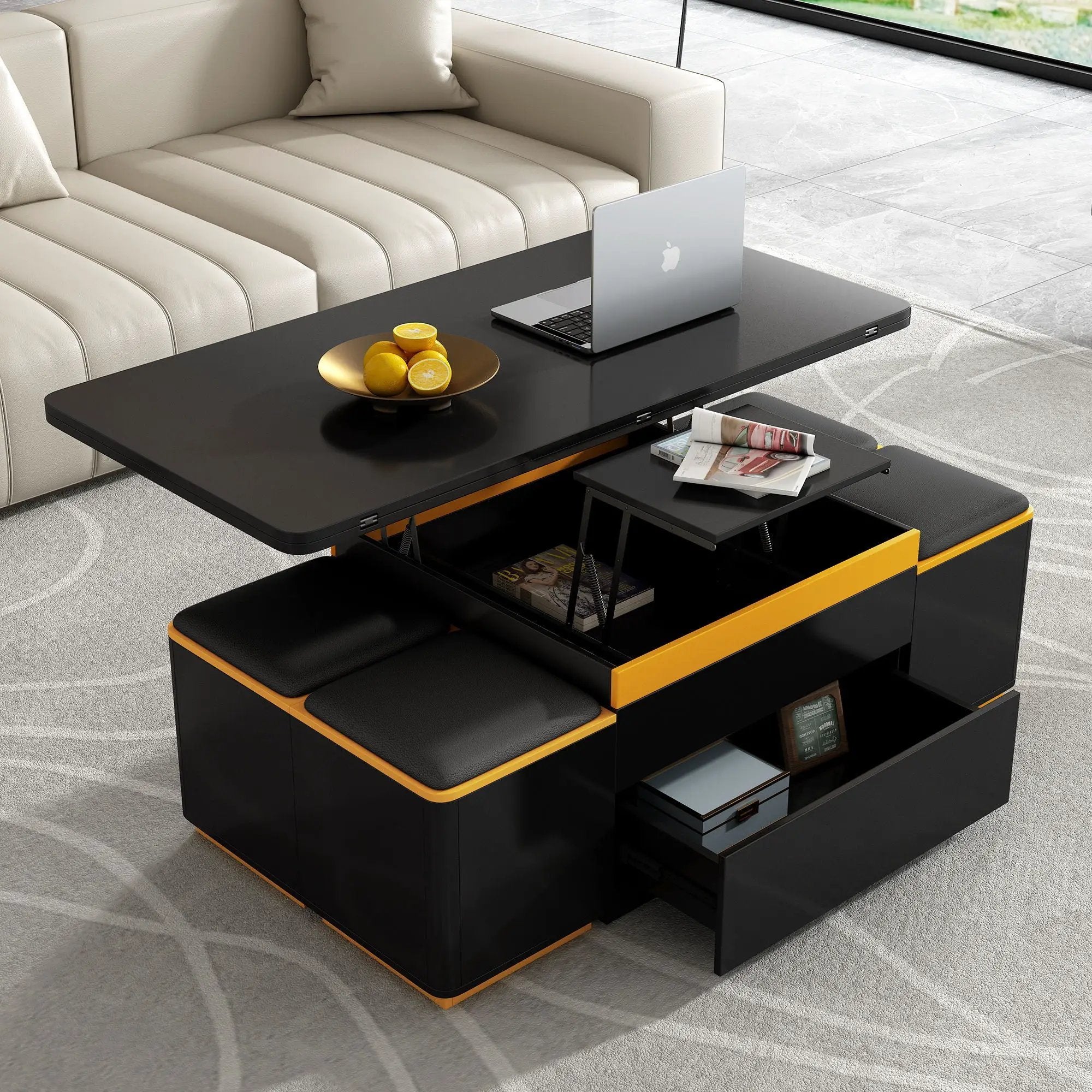 Lift Top Coffee Table With 4 Storage Stools by Unique Piece Furniture