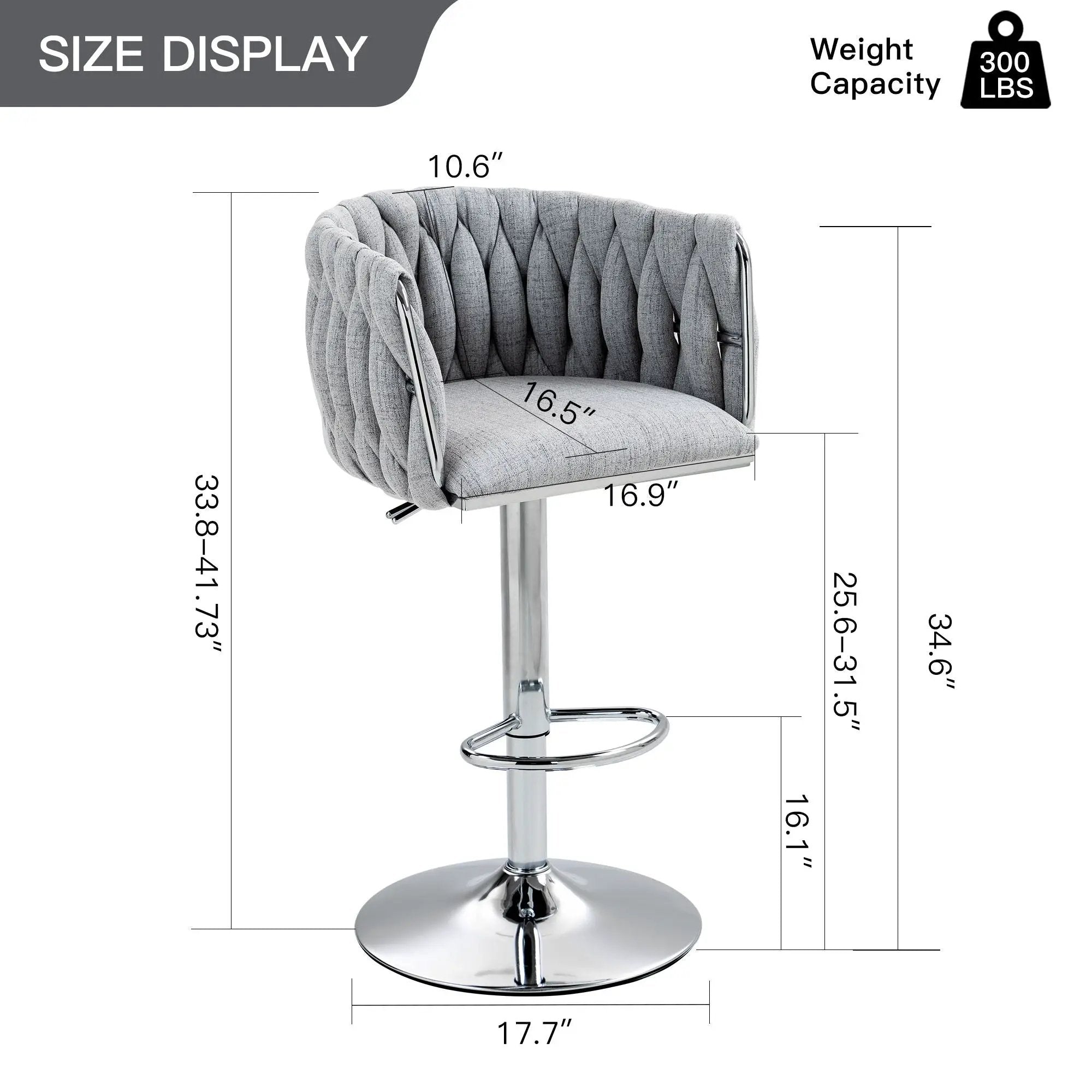 360 Degree Swivel Bar Stools Adjustable Counter Height Bar Chairs With Woven Back & Footrest, Silver Chromed Bar Stools For Kitchen Island (Set of 2) - Gray by Unique Piece Furniture