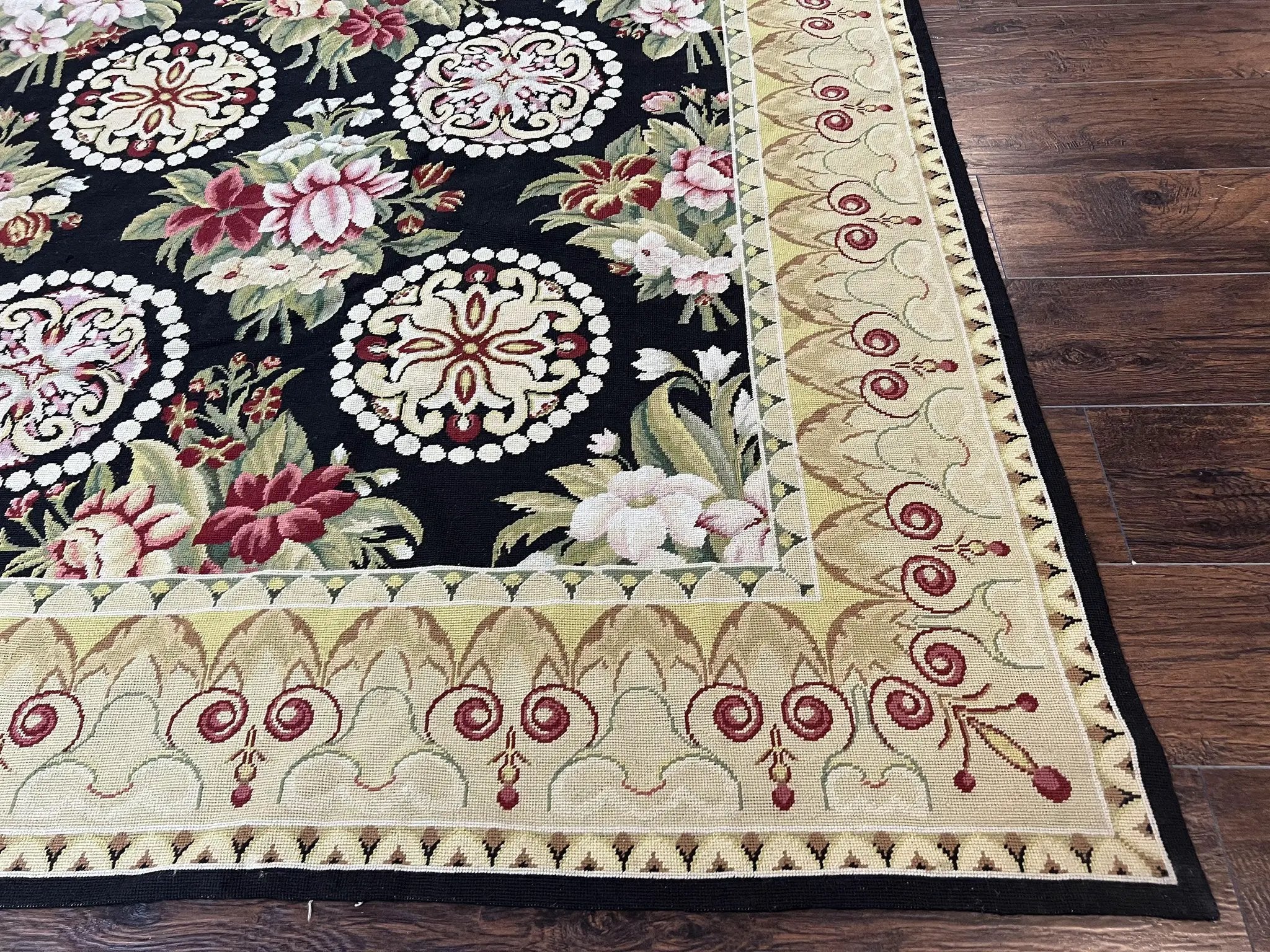 9x12 Black Needlepoint Rug, European Floral Panel Design, Handwoven, Vintage Chinese Needlepoint, Black Green Beige, Wool Rug 9 x 12 by Jewel Rugs