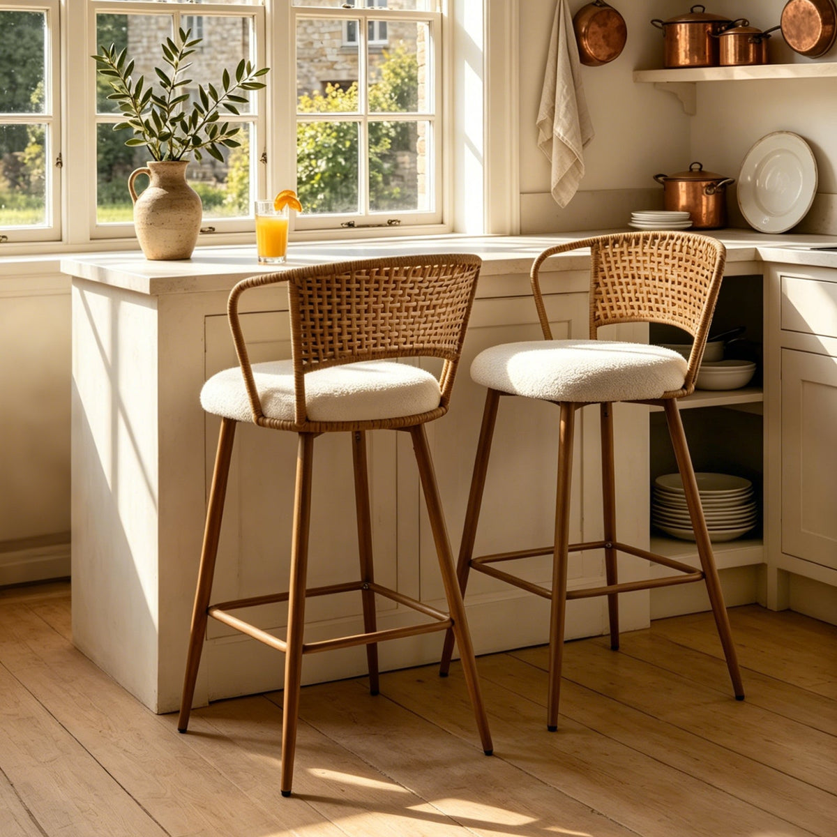 Modern Upholstered Bar Stools with Rattan Backrest Set of 2 - Metal Legs, photo 7 of 8