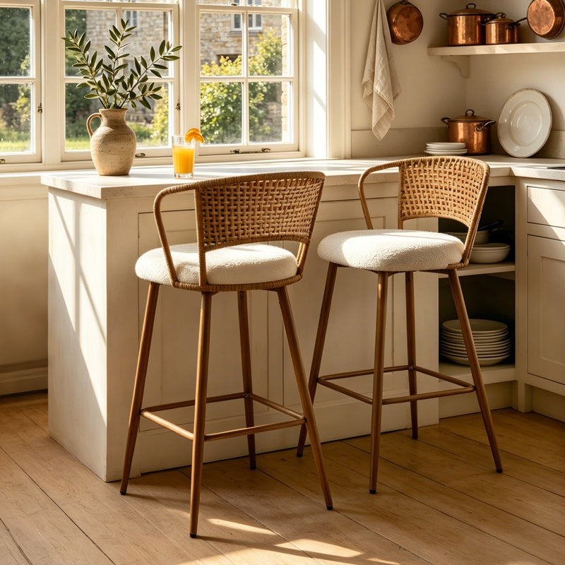 Modern Upholstered Bar Stools with Rattan Backrest Set of 2 - Metal Legs, photo 7 of 8