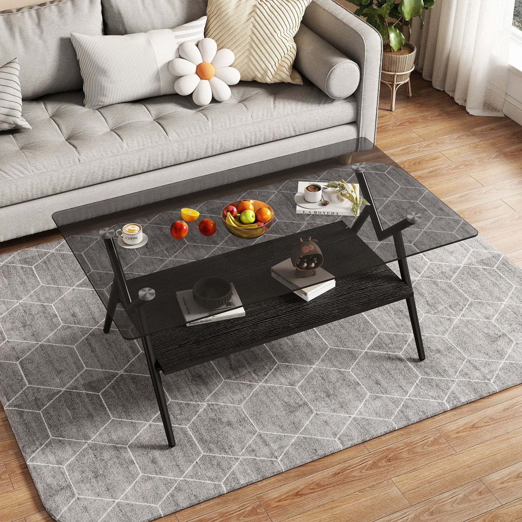 Rectangle Coffee Table With Tempered Glass Top And Shelf, Modern Table For Living Room by HouseOfZazla