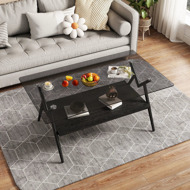 Rectangle Coffee Table With Tempered Glass Top And Shelf, Modern Table For Living Room by HouseOfZazla