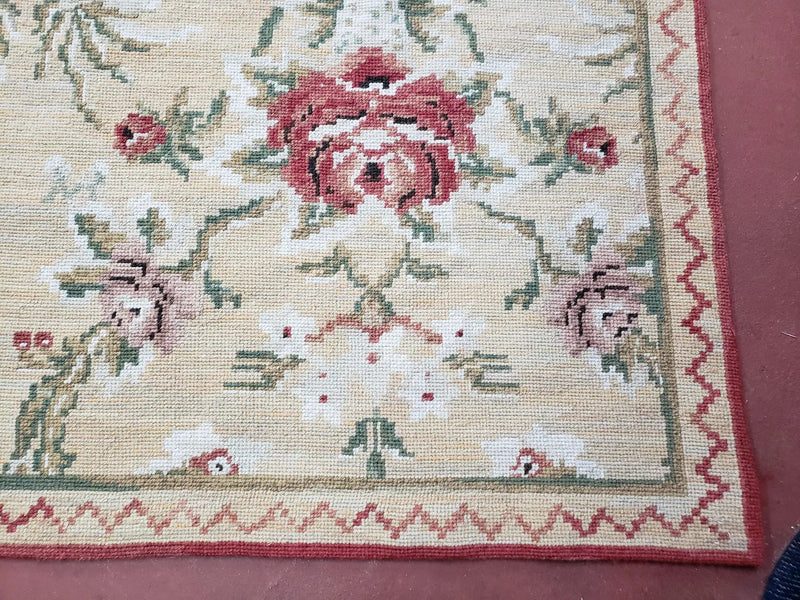 Needlepoint Rug 10x14 Wool Flatweave Carpet, English Floral Pattern, Pale Yellow, Roses, Allover Pattern, Handmade Large Needlepoint Nice by Jewel Rugs