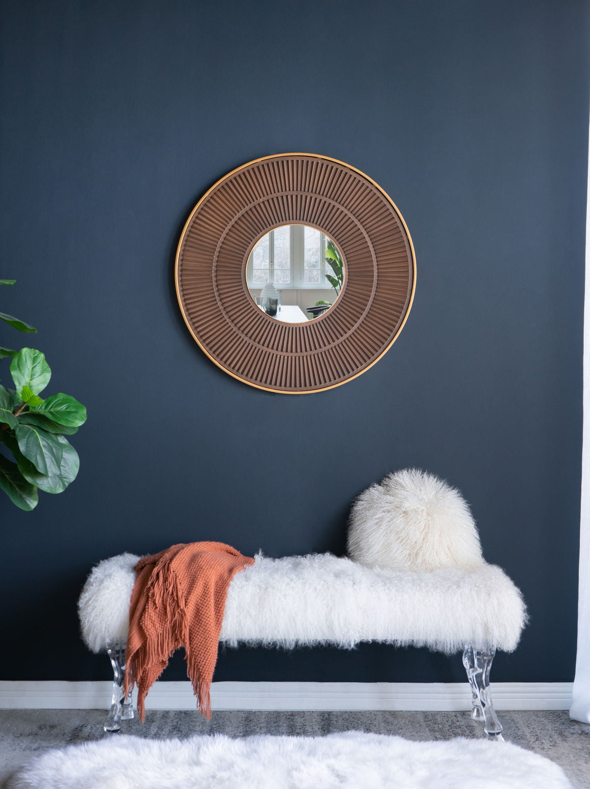 Round Wooden Wall Mirror with Iron Frame - Neutral Colorway, photo 2 of 21