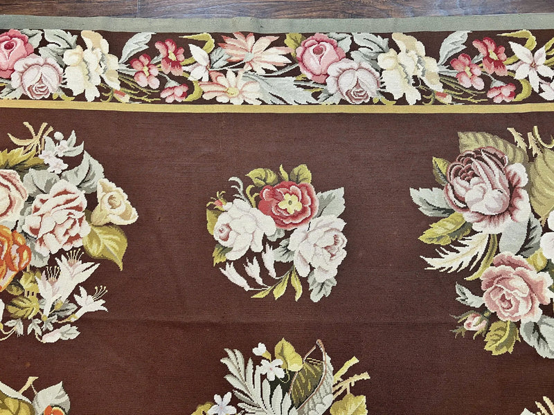 Vintage Needlepoint Rug 9x12, Large Handmade Hand-woven Needlepoint Carpet, Brown Area Rug, Floral Bouquets, Wool Rug, European Design by Jewel Rugs