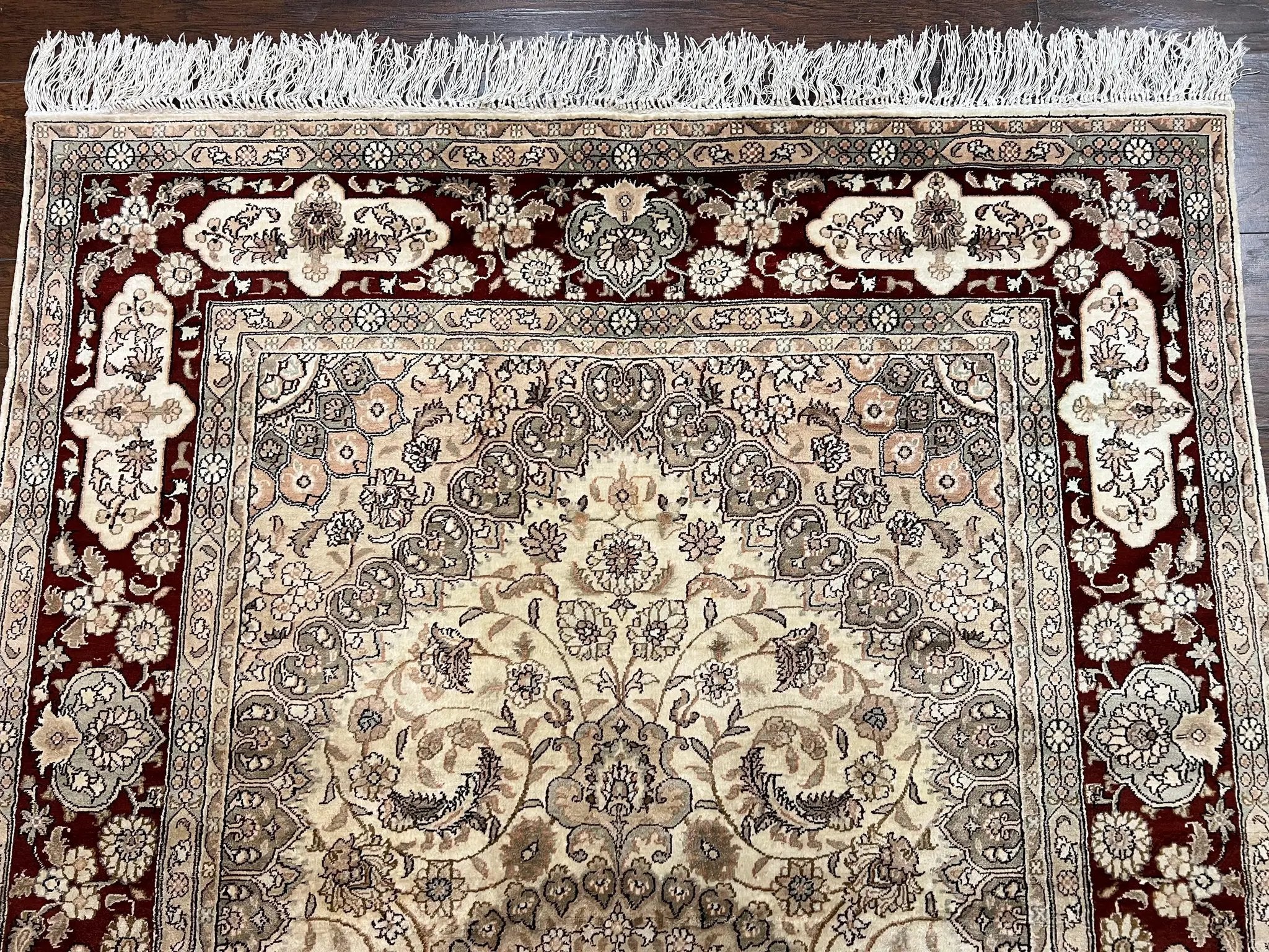 Silk Indian Kashmiri Rug 4x6 ft, Floral Medallion Hand Knotted Handmade Oriental Carpet, Vintage, Cream Burgundy, Very Fine Silk Rug 4 x 6 by Jewel Rugs