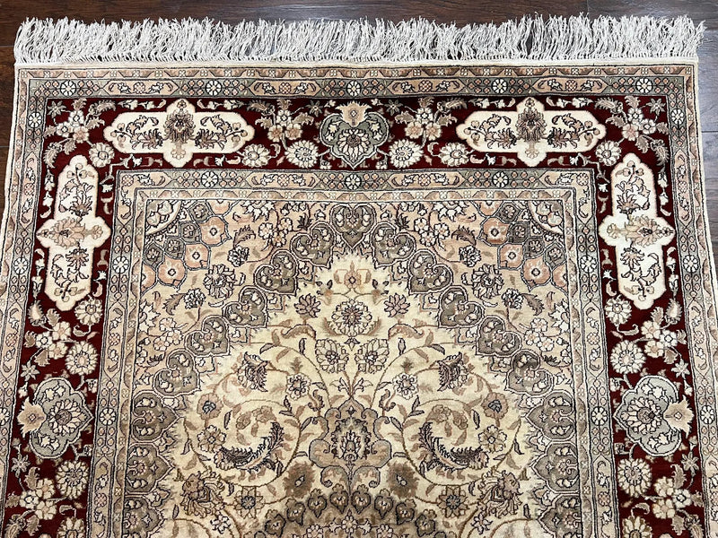 Silk Indian Kashmiri Rug 4x6 ft, Floral Medallion Hand Knotted Handmade Oriental Carpet, Vintage, Cream Burgundy, Very Fine Silk Rug 4 x 6 by Jewel Rugs