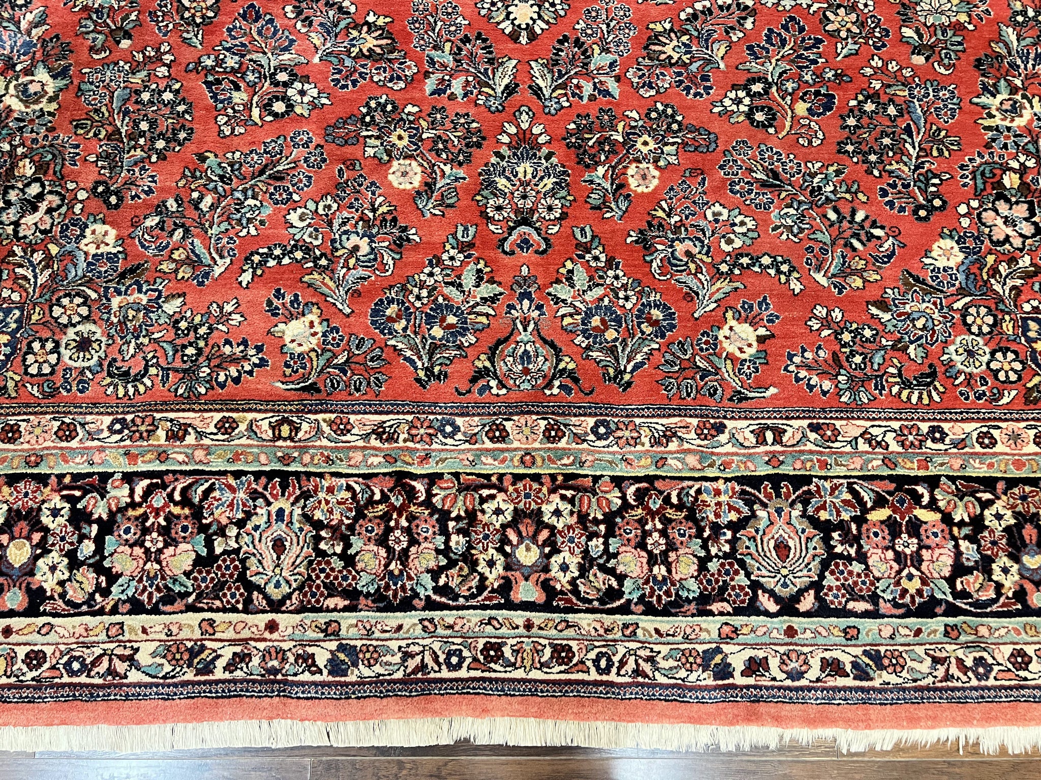 Square Persian Sarouk Rug 11x11 ft, Rare Size, Hand Knotted Wool Floral Allover Red Persian Carpet, Handmade Antique Rug by Jewel Rugs