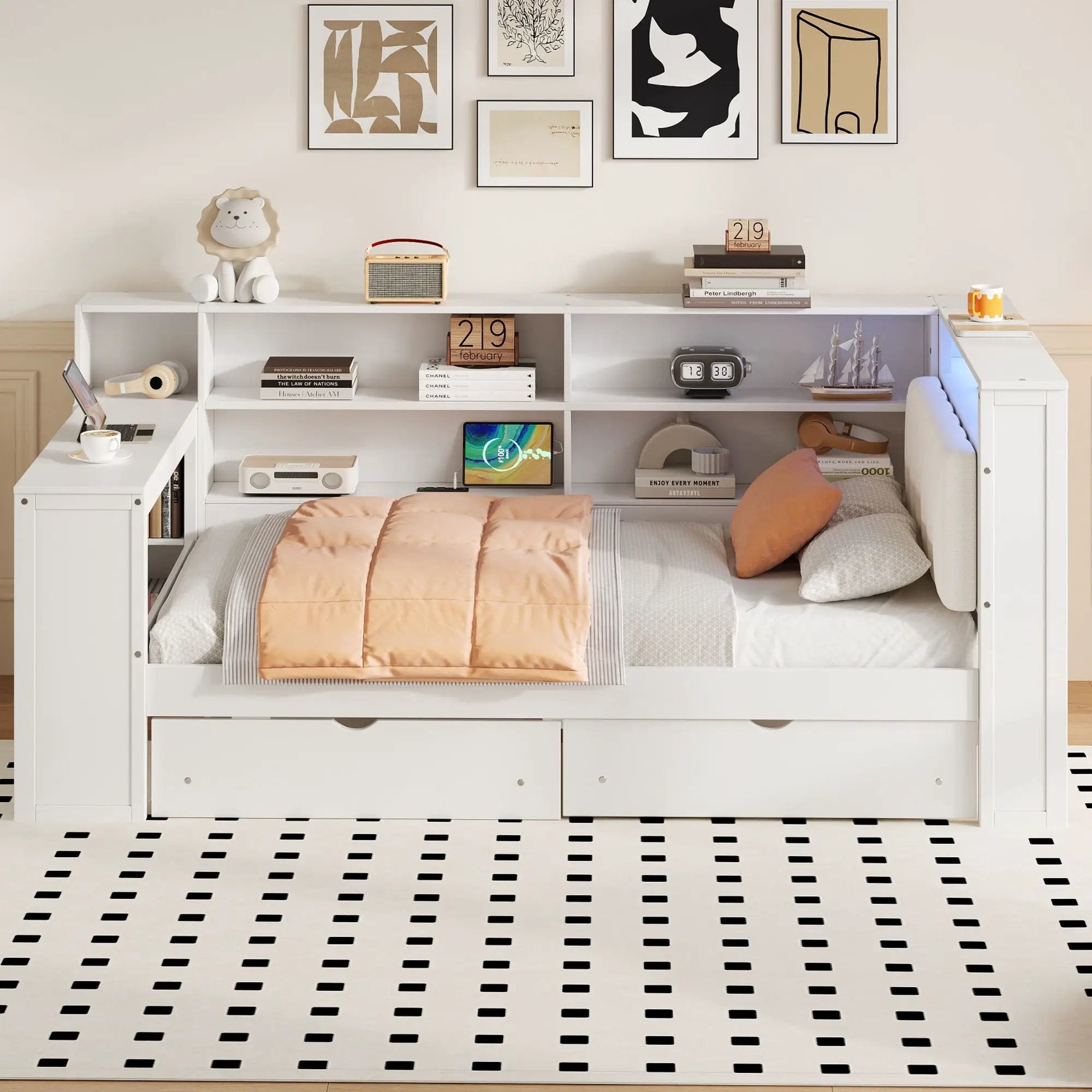 Platform Bed With Upholstered Headboard, Storage Shelves, Drawers, Charging Station, LED Lighting, Built In Desk by Unique Piece Furniture