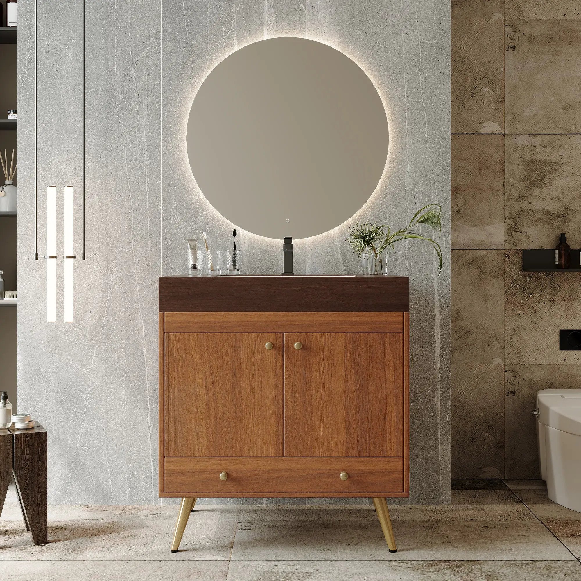 Mid-Century Free-Standing Bathroom Vanity with Faux Marble Top by HouseOfZazla