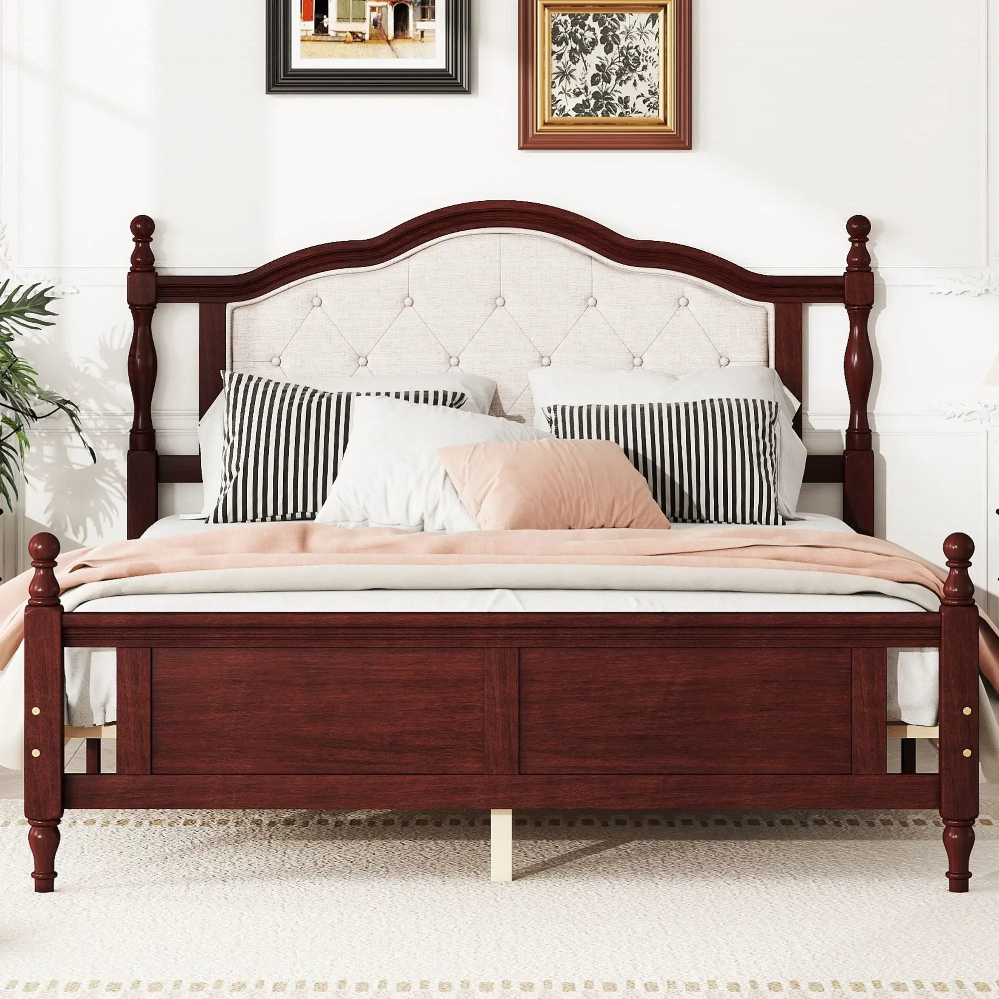 Pine Wooden Bed With Upholstered Headboard And Panel Footboard, With Two Bed Rail Support Feet And Central Platform Support Feet by HouseOfZazla