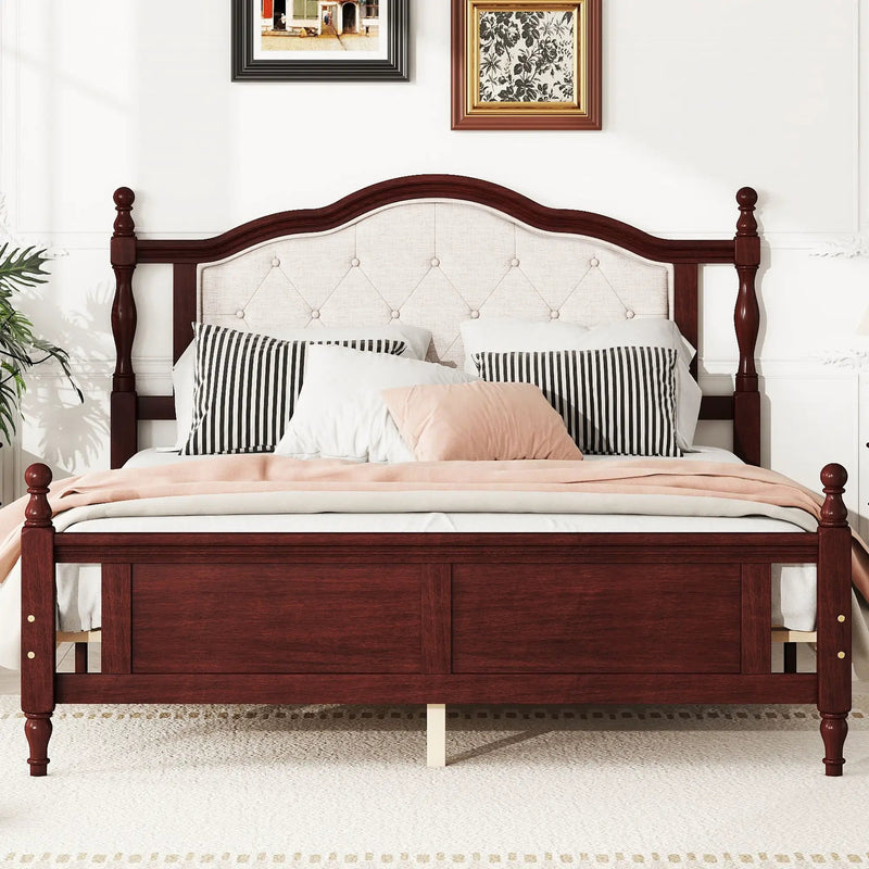 Pine Wooden Bed With Upholstered Headboard And Panel Footboard, With Two Bed Rail Support Feet And Central Platform Support Feet by HouseOfZazla