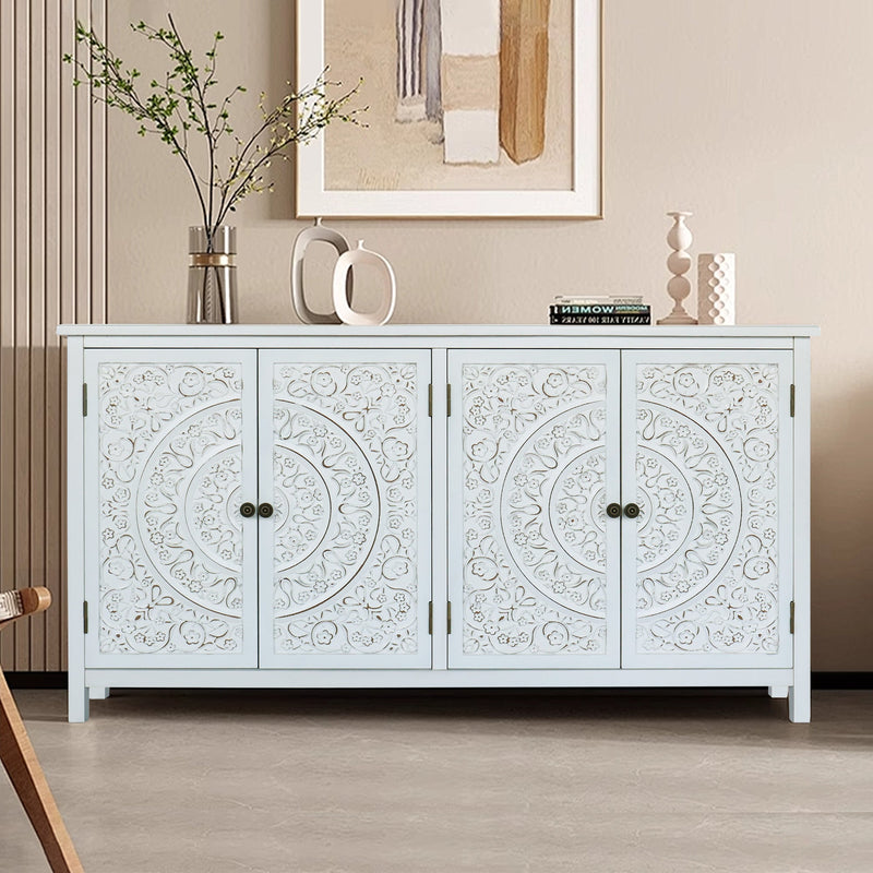 60" White Accent Cabinet with 4 Doors - Rustic Wood Sideboard for Home Organization, photo 3 of 10