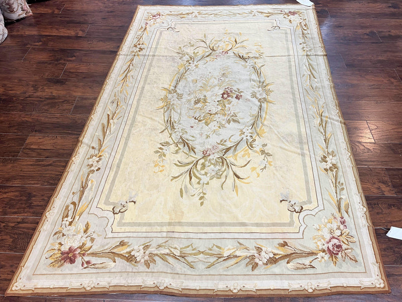 Needlepoint Rug 6x9, Elegant European Design Aubusson Carpet, Vintage Wool Handmade Rug, Light Yellow Ivory by Jewel Rugs