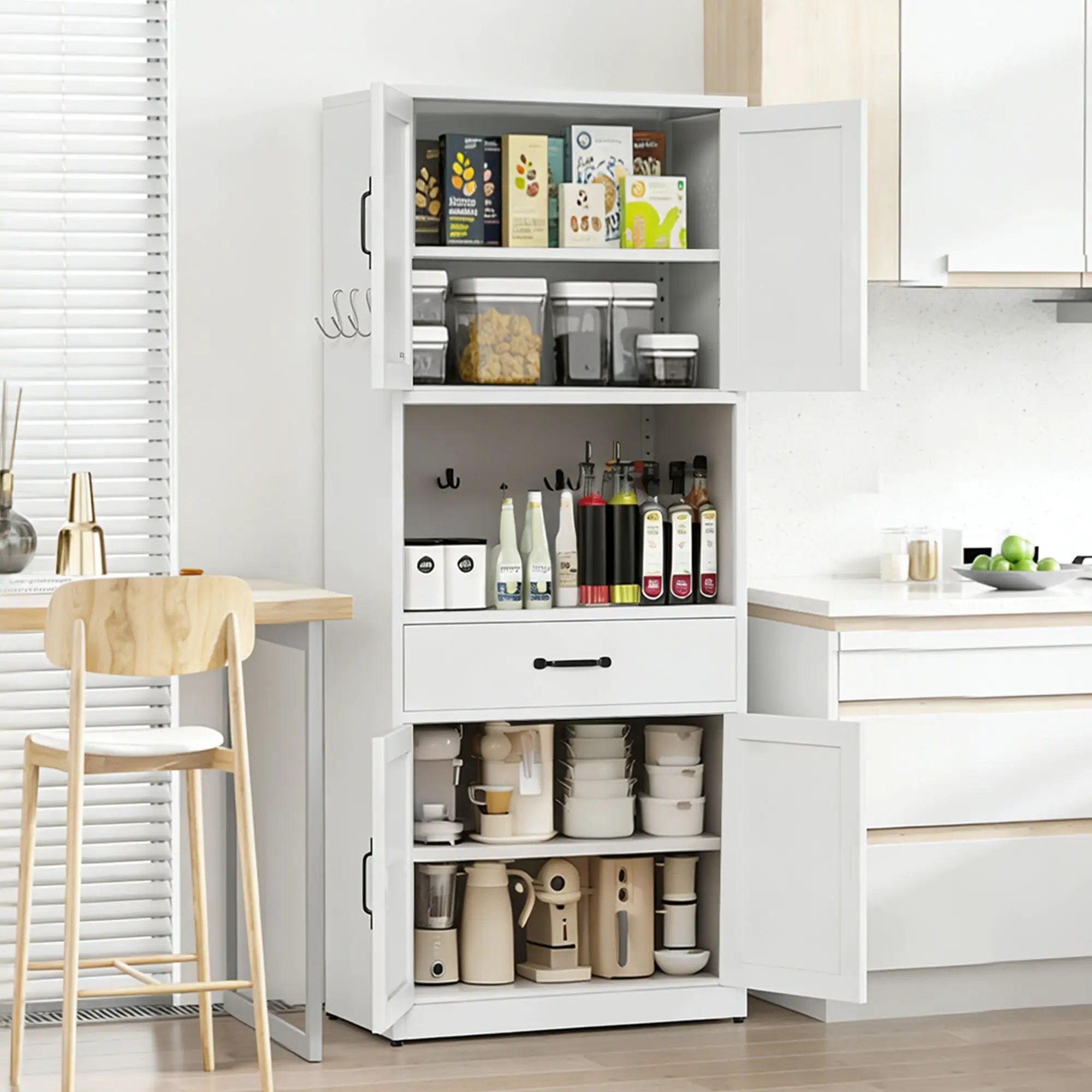 Kitchen Pantry Cabinet With Adjustable Shelves, Drawers, Hooks And Large Countertop - White by Unique Piece Furniture