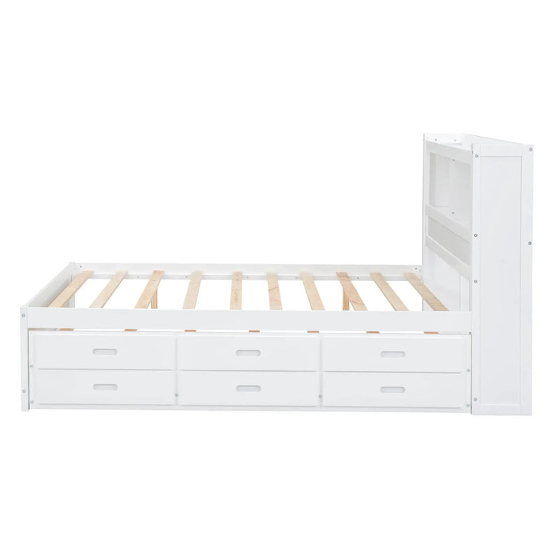 Full Size Platform Bed With Trundle, Drawers, USB Ports And Built In Shelves - White by HouseOfZazla