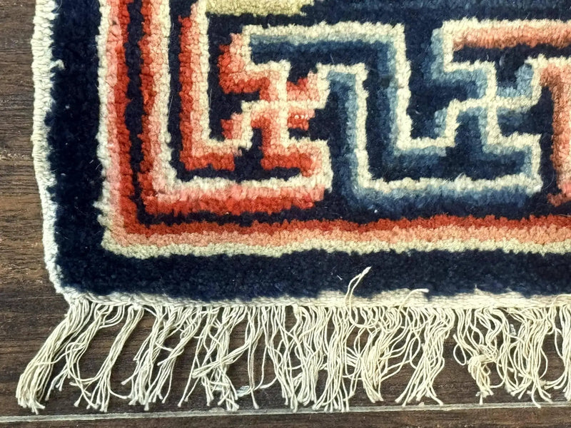 Small Antique Chinese Rug 2x2, Red Blue Square Rug Mat, Handmade, Tibetan Rug by Jewel Rugs