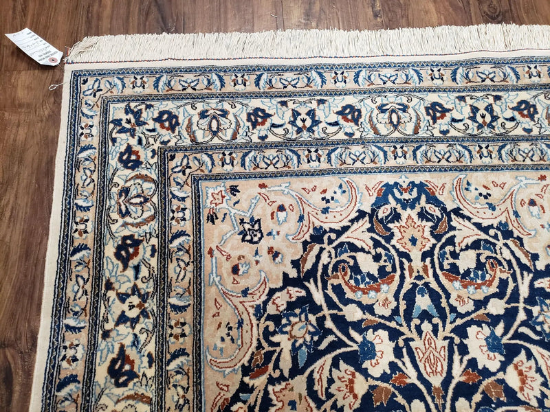 Persian Nain Rug 4x6, Ivory and Blue, Hand-Knotted, Wool & Silk by Jewel Rugs