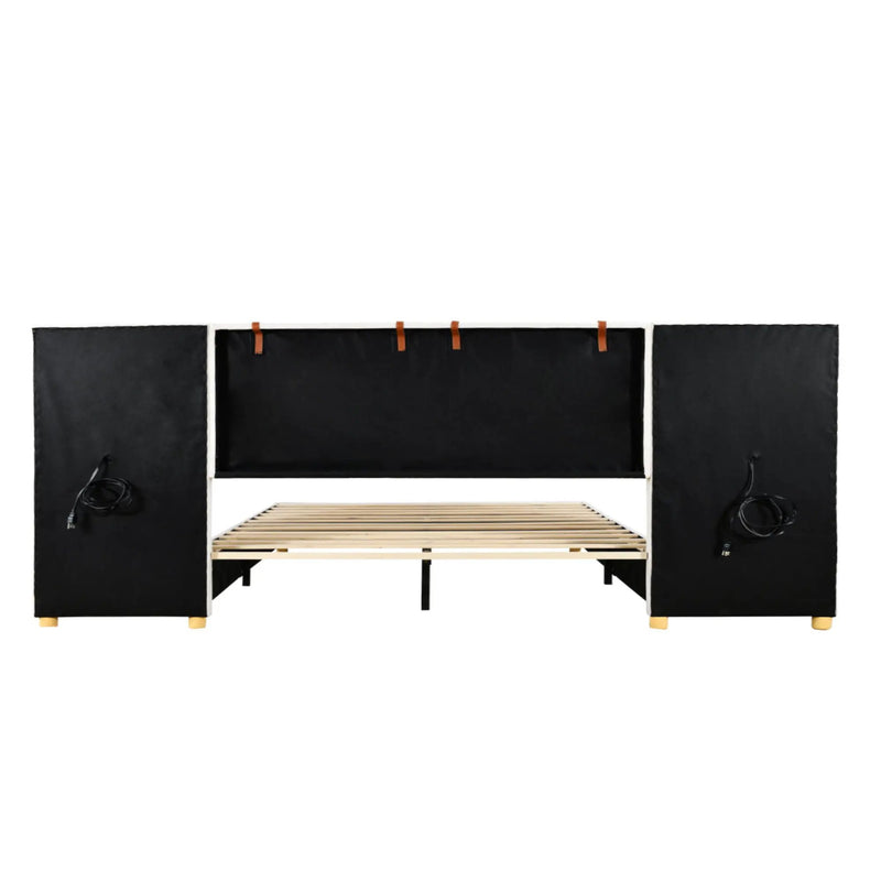 Upholstered Platform Bed, 2 Outlets And USB Charging Ports On Both Sides, 2 Bedside Pillows, Storage Shelves by HouseOfZazla