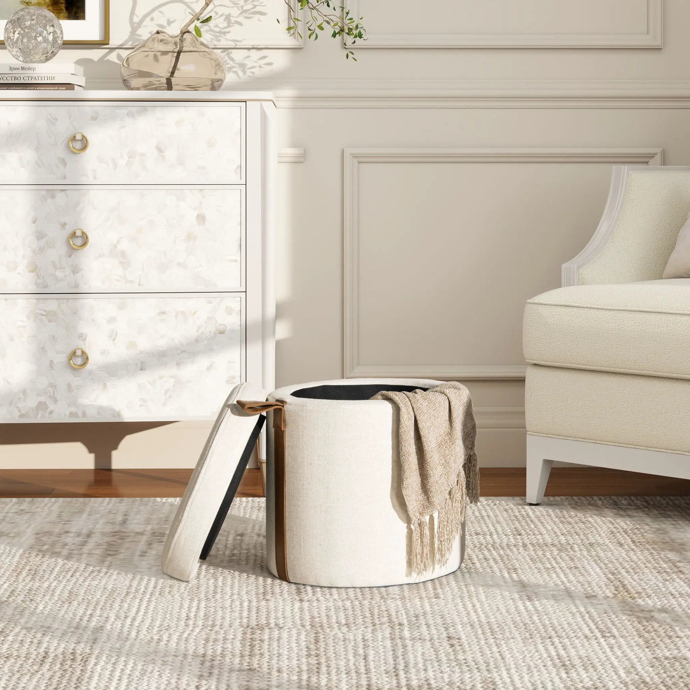 Brandy - Round Upholstered Storage Ottoman With Accent by HouseOfZazla