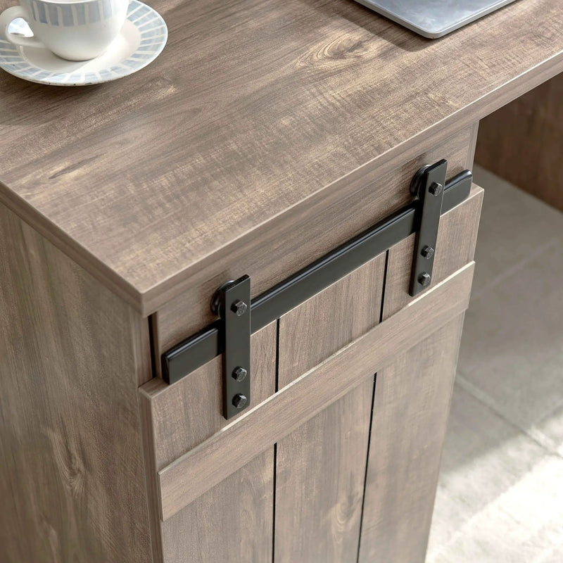 Home Office Desk Hazelnut One Cabinet Three Shelves Faux Barn Door On Metal Euro Hinges Modesty Panel - Light Brown by Unique Piece Furniture