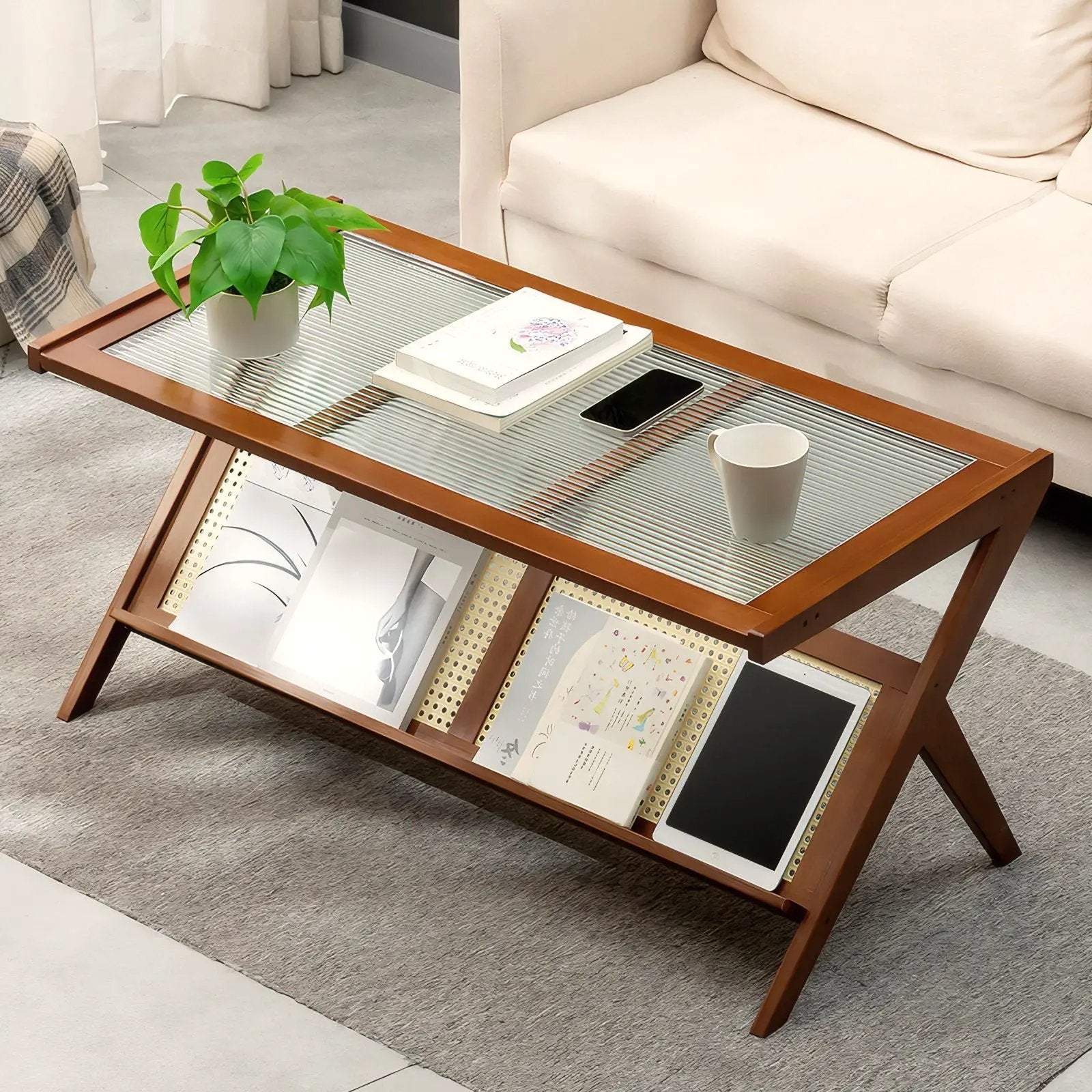 Rattan Coffee Tables For Living Room, Mid Century Modern Coffee Table With Glass Top, Large Boho Center Table With Storage - Brown by HouseOfZazla