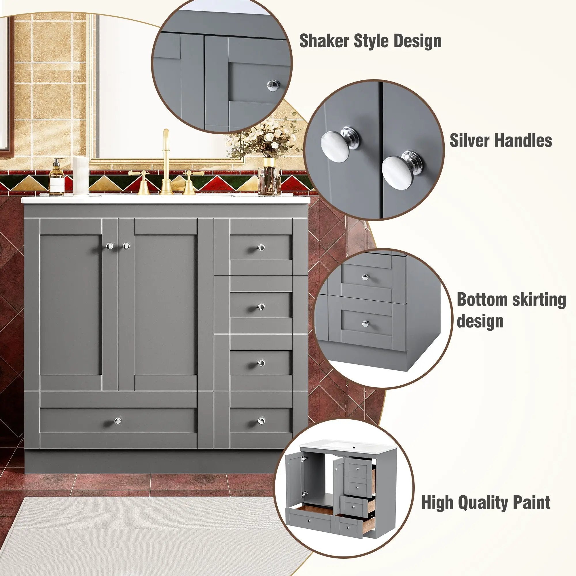Shaker Free Standing Bathroom Vanity Cabinet & Sink, Soft Close Drawers, Soft Close Doors by HouseOfZazla