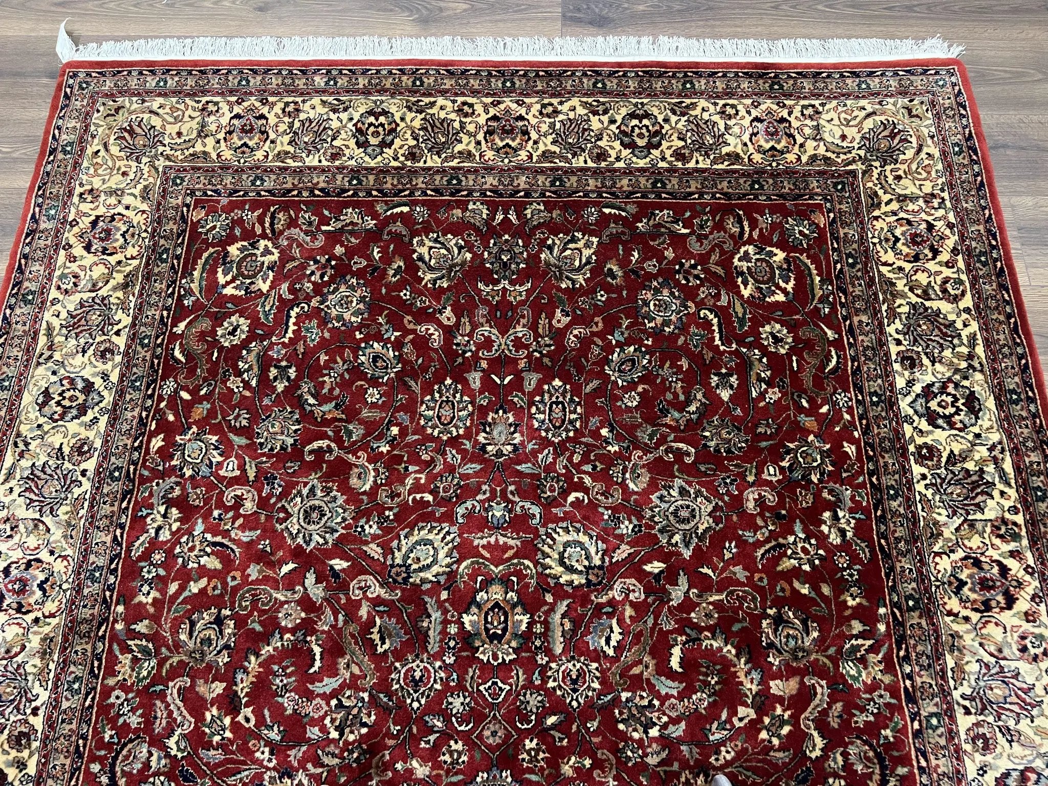 Vintage Indo Persian Rug 6x9, Very Finely Hand-Knotted Carpet 6 x 9 Red Cream Indian Oriental Carpet, Traditional Floral Wool Area Rug 1970s by Jewel Rugs