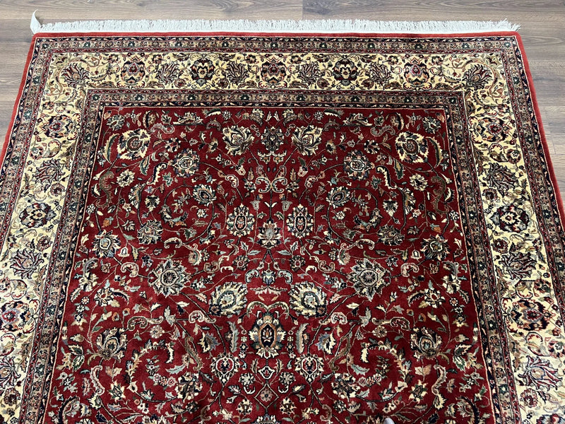 Vintage Indo Persian Rug 6x9, Very Finely Hand-Knotted Carpet 6 x 9 Red Cream Indian Oriental Carpet, Traditional Floral Wool Area Rug 1970s by Jewel Rugs