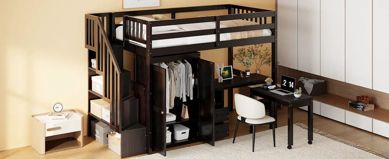 Loft Bed With Stairs, Bookshelf, Drawers, Desk & Wardrobe, Space Saving Multifunctional Furniture by HouseOfZazla