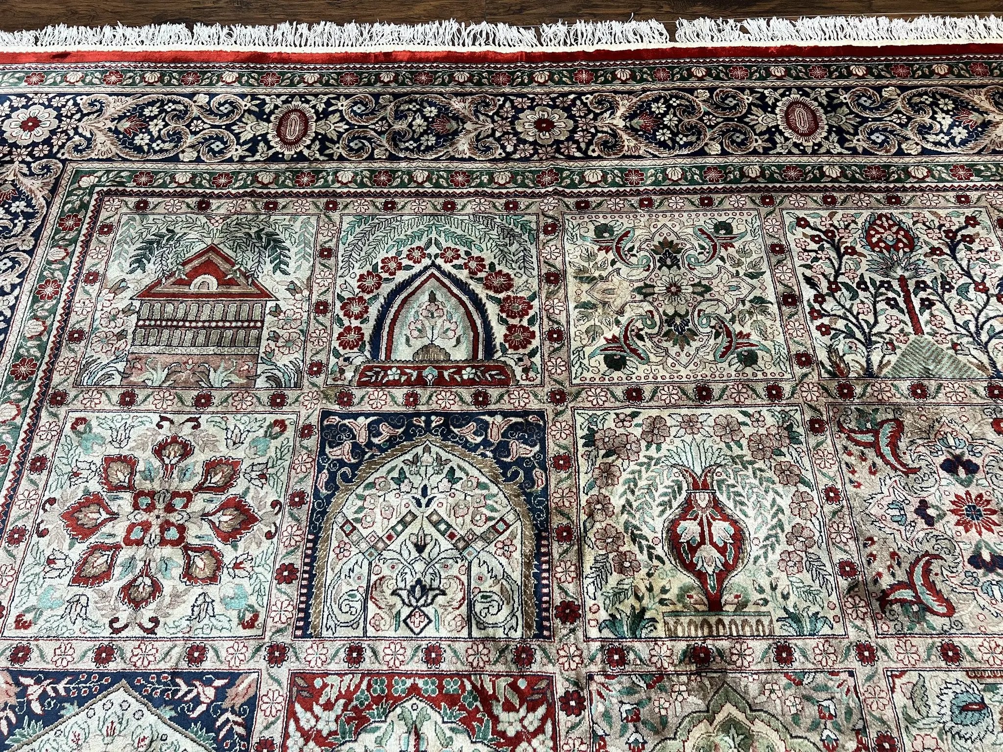 Silk Sino Persian Rug 9x12, Panel Design, Garden of Eden Pattern, Fine 200 KPSI, Hand Knotted Room Sized Silk Carpet, Vintage by Jewel Rugs