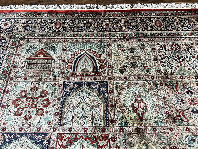 Silk Sino Persian Rug 9x12, Panel Design, Garden of Eden Pattern, Fine 200 KPSI, Hand Knotted Room Sized Silk Carpet, Vintage by Jewel Rugs
