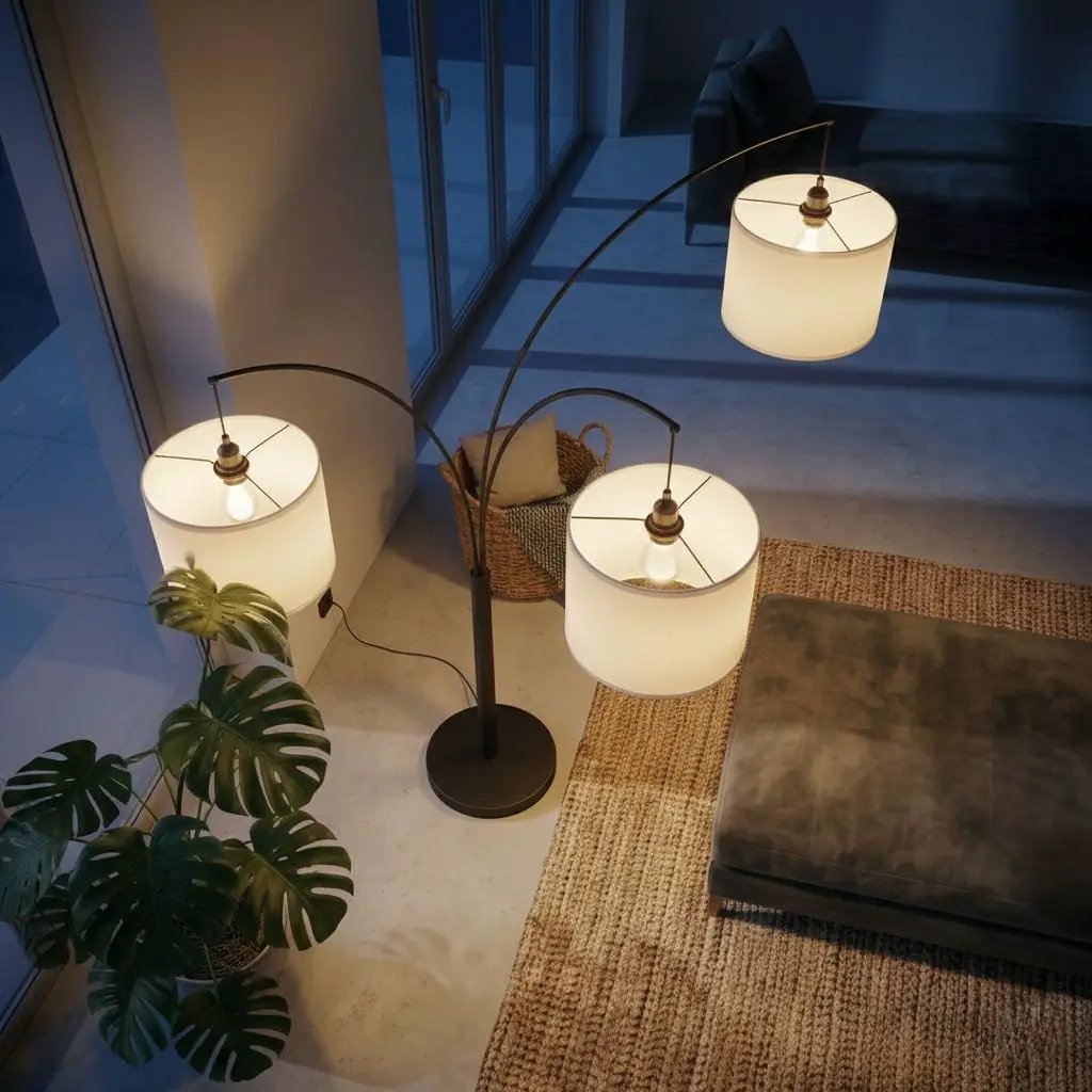 Royal - 3 Arm Arc Floor Lamp, Oil Rubbed Bonze With Linen Shade, 4 Way Rotary Switch - Oil-Rubbed Bronze by Unique Piece Furniture